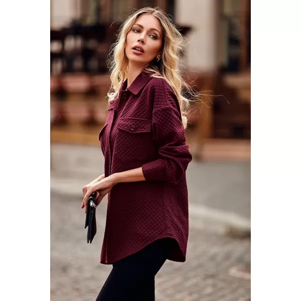 imagePRETTYGARDEN Womens 2023 Winter Quilted Jackets Lapel Coat Outerwear Casual Long Sleeve Button Down Blouse Shirts TopsDark Wine Red