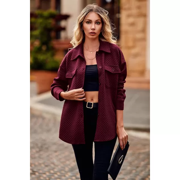 imagePRETTYGARDEN Womens 2023 Winter Quilted Jackets Lapel Coat Outerwear Casual Long Sleeve Button Down Blouse Shirts TopsDark Wine Red