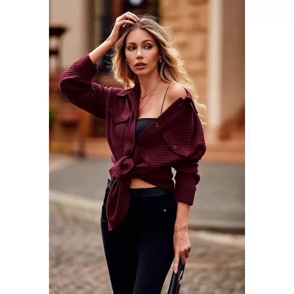 imagePRETTYGARDEN Womens 2023 Winter Quilted Jackets Lapel Coat Outerwear Casual Long Sleeve Button Down Blouse Shirts TopsDark Wine Red