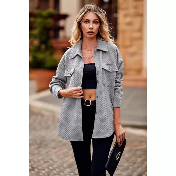 imagePRETTYGARDEN Womens 2023 Winter Quilted Jackets Lapel Coat Outerwear Casual Long Sleeve Button Down Blouse Shirts TopsLight Grey
