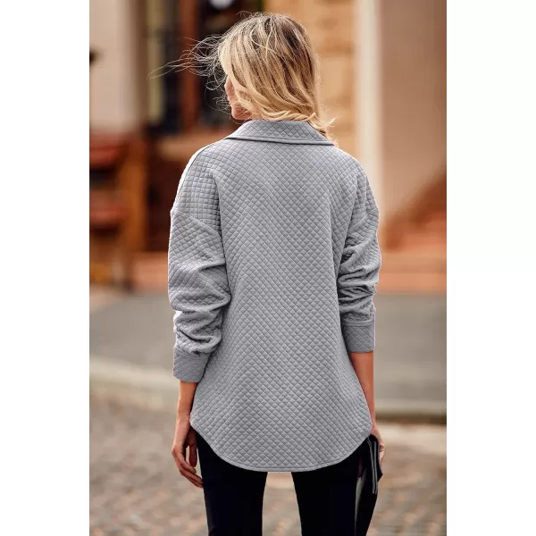 imagePRETTYGARDEN Womens 2023 Winter Quilted Jackets Lapel Coat Outerwear Casual Long Sleeve Button Down Blouse Shirts TopsLight Grey