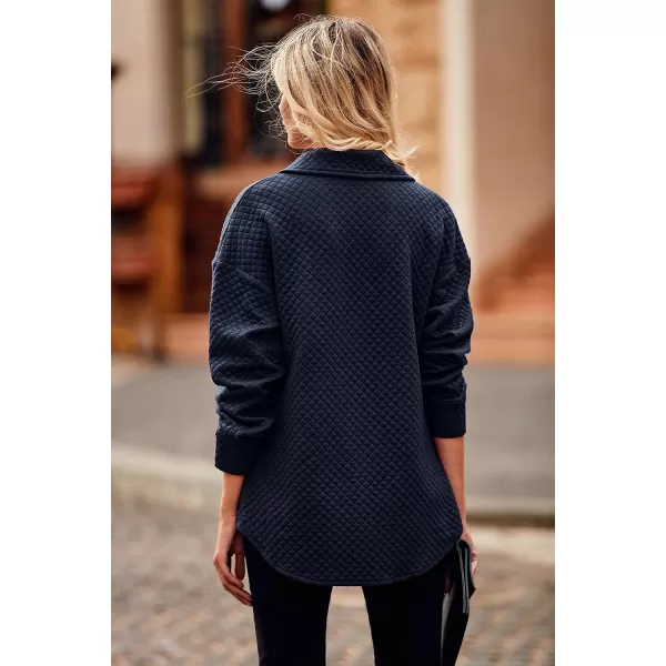 imagePRETTYGARDEN Womens 2023 Winter Quilted Jackets Lapel Coat Outerwear Casual Long Sleeve Button Down Blouse Shirts TopsNavy