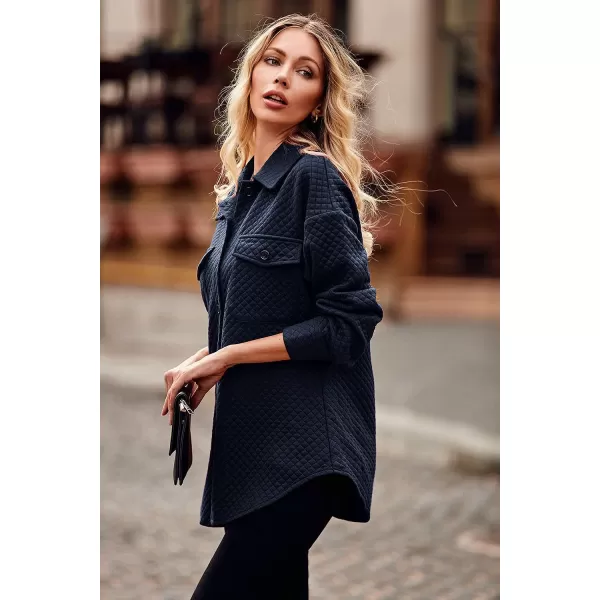 imagePRETTYGARDEN Womens 2023 Winter Quilted Jackets Lapel Coat Outerwear Casual Long Sleeve Button Down Blouse Shirts TopsNavy