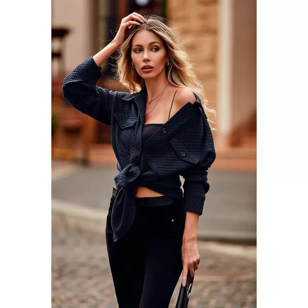imagePRETTYGARDEN Womens 2023 Winter Quilted Jackets Lapel Coat Outerwear Casual Long Sleeve Button Down Blouse Shirts TopsNavy