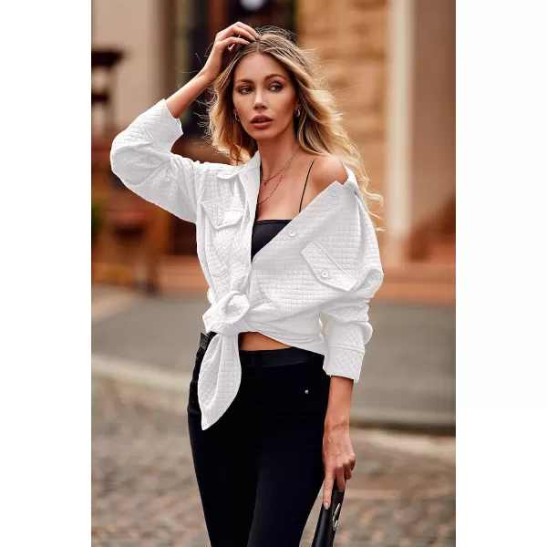 imagePRETTYGARDEN Womens 2023 Winter Quilted Jackets Lapel Coat Outerwear Casual Long Sleeve Button Down Blouse Shirts TopsWhite