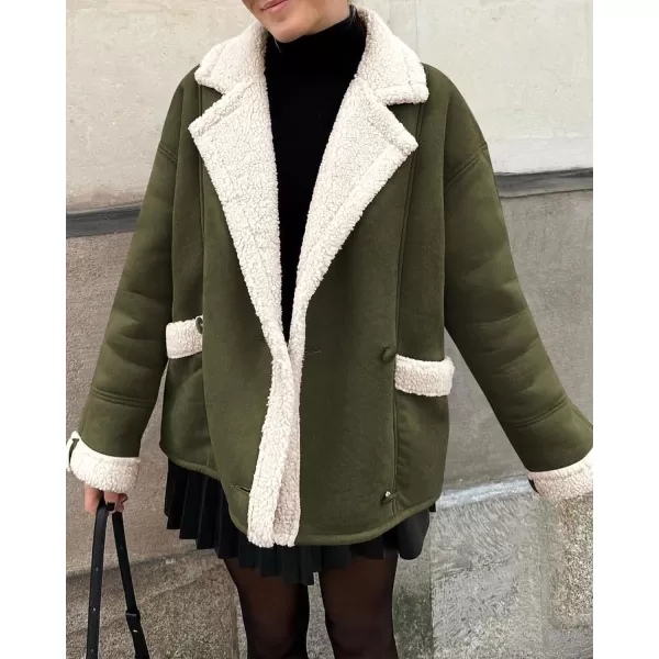 imagePRETTYGARDEN Womens 2023 Winter Suede Coats Fleece Sherpa Lined Jacket Faux Fur Lapel Pockets Warm Fall Fashion OuterwearArmy Green