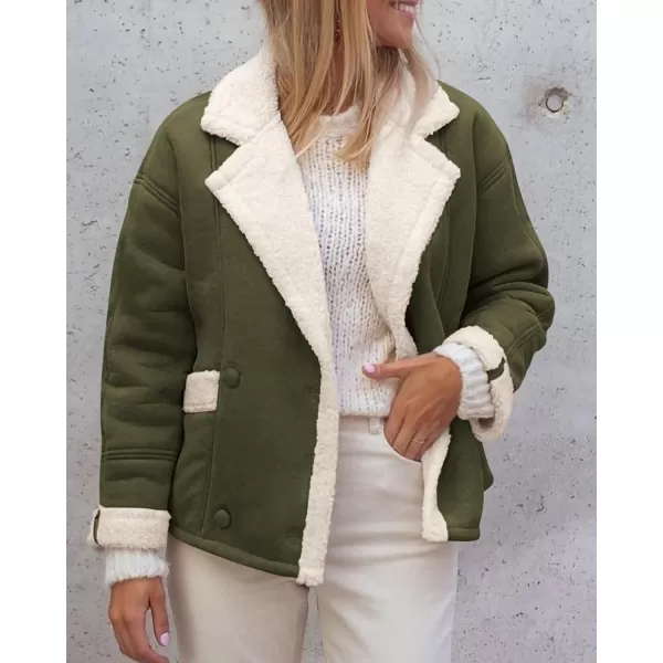 imagePRETTYGARDEN Womens 2023 Winter Suede Coats Fleece Sherpa Lined Jacket Faux Fur Lapel Pockets Warm Fall Fashion OuterwearArmy Green