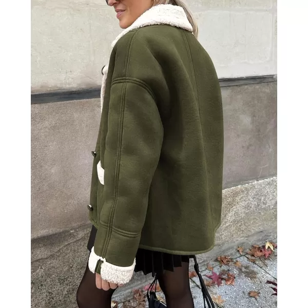 imagePRETTYGARDEN Womens 2023 Winter Suede Coats Fleece Sherpa Lined Jacket Faux Fur Lapel Pockets Warm Fall Fashion OuterwearArmy Green