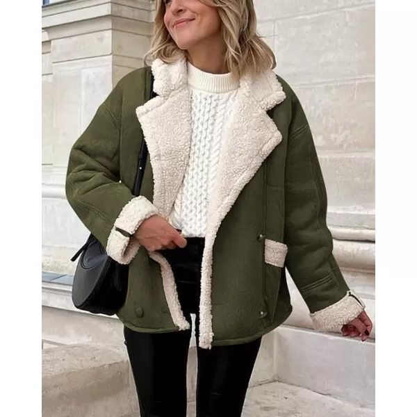 imagePRETTYGARDEN Womens 2023 Winter Suede Coats Fleece Sherpa Lined Jacket Faux Fur Lapel Pockets Warm Fall Fashion OuterwearArmy Green
