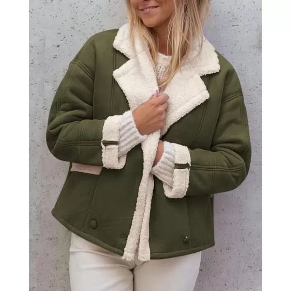 imagePRETTYGARDEN Womens 2023 Winter Suede Coats Fleece Sherpa Lined Jacket Faux Fur Lapel Pockets Warm Fall Fashion OuterwearArmy Green