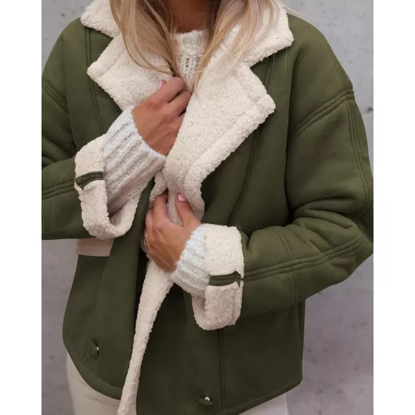 imagePRETTYGARDEN Womens 2023 Winter Suede Coats Fleece Sherpa Lined Jacket Faux Fur Lapel Pockets Warm Fall Fashion OuterwearArmy Green
