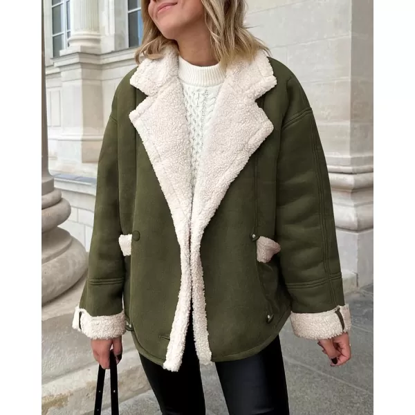 imagePRETTYGARDEN Womens 2023 Winter Suede Coats Fleece Sherpa Lined Jacket Faux Fur Lapel Pockets Warm Fall Fashion OuterwearArmy Green