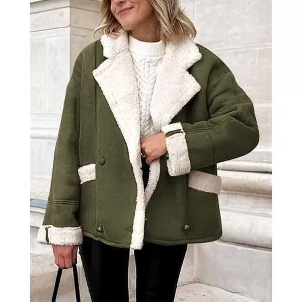 imagePRETTYGARDEN Womens 2023 Winter Suede Coats Fleece Sherpa Lined Jacket Faux Fur Lapel Pockets Warm Fall Fashion OuterwearArmy Green