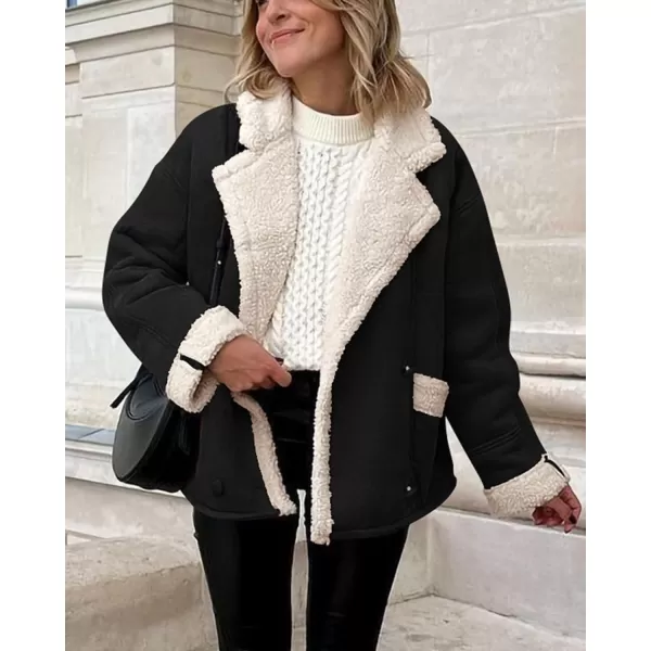 imagePRETTYGARDEN Womens 2023 Winter Suede Coats Fleece Sherpa Lined Jacket Faux Fur Lapel Pockets Warm Fall Fashion OuterwearBlack