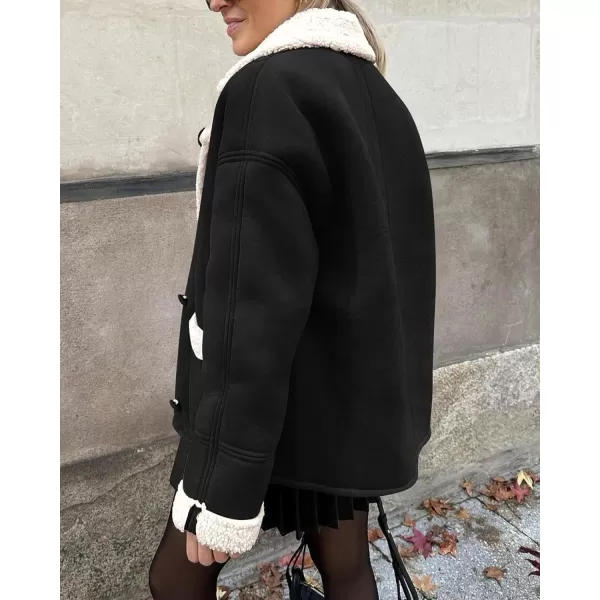 imagePRETTYGARDEN Womens 2023 Winter Suede Coats Fleece Sherpa Lined Jacket Faux Fur Lapel Pockets Warm Fall Fashion OuterwearBlack