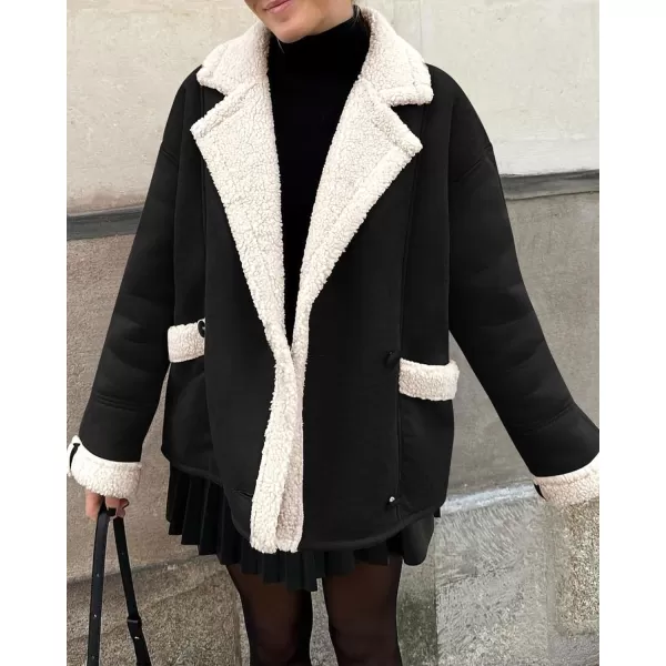 imagePRETTYGARDEN Womens 2023 Winter Suede Coats Fleece Sherpa Lined Jacket Faux Fur Lapel Pockets Warm Fall Fashion OuterwearBlack