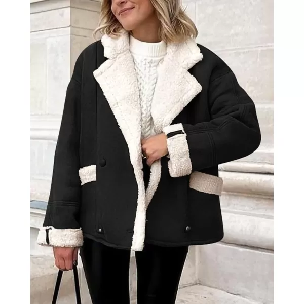imagePRETTYGARDEN Womens 2023 Winter Suede Coats Fleece Sherpa Lined Jacket Faux Fur Lapel Pockets Warm Fall Fashion OuterwearBlack