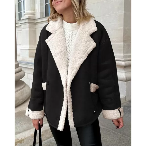 imagePRETTYGARDEN Womens 2023 Winter Suede Coats Fleece Sherpa Lined Jacket Faux Fur Lapel Pockets Warm Fall Fashion OuterwearBlack
