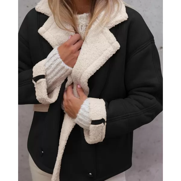 imagePRETTYGARDEN Womens 2023 Winter Suede Coats Fleece Sherpa Lined Jacket Faux Fur Lapel Pockets Warm Fall Fashion OuterwearBlack