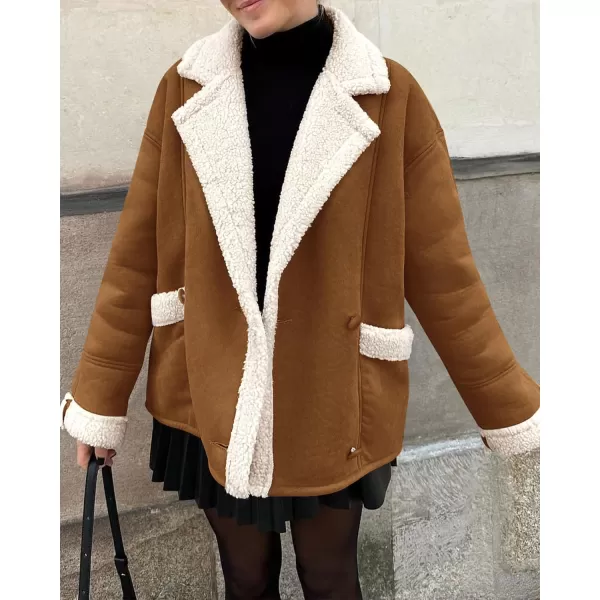 imagePRETTYGARDEN Womens 2023 Winter Suede Coats Fleece Sherpa Lined Jacket Faux Fur Lapel Pockets Warm Fall Fashion OuterwearBrown Yellow