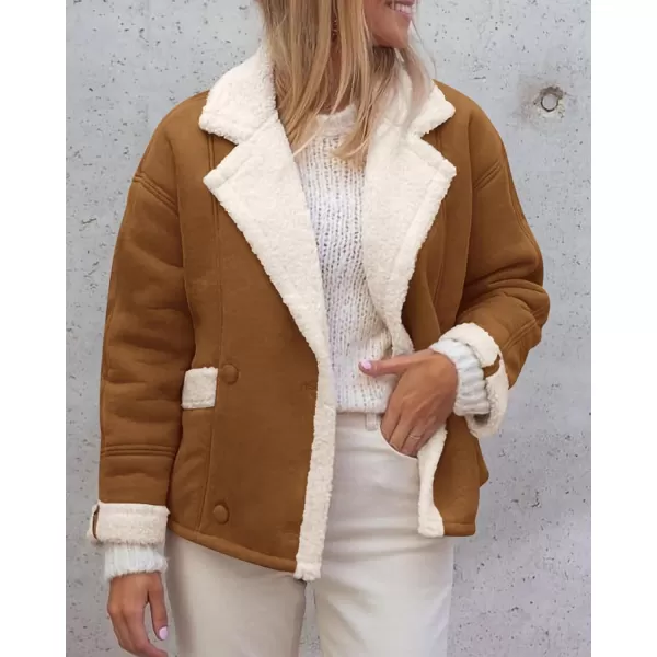 imagePRETTYGARDEN Womens 2023 Winter Suede Coats Fleece Sherpa Lined Jacket Faux Fur Lapel Pockets Warm Fall Fashion OuterwearBrown Yellow