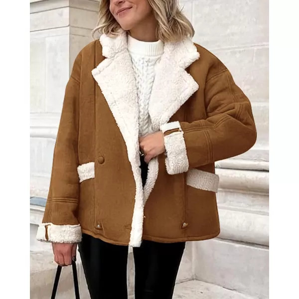 imagePRETTYGARDEN Womens 2023 Winter Suede Coats Fleece Sherpa Lined Jacket Faux Fur Lapel Pockets Warm Fall Fashion OuterwearBrown Yellow