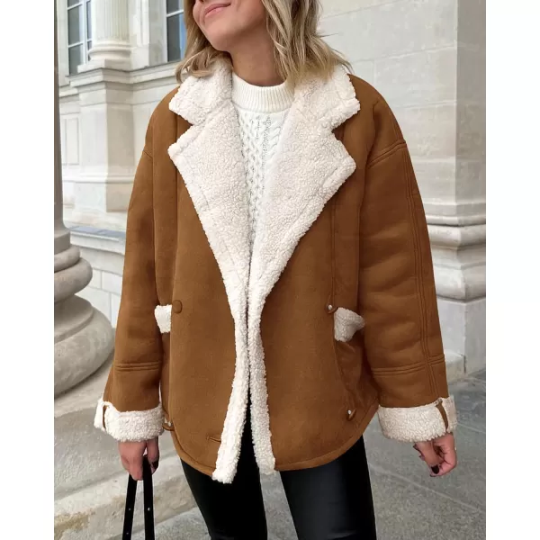 imagePRETTYGARDEN Womens 2023 Winter Suede Coats Fleece Sherpa Lined Jacket Faux Fur Lapel Pockets Warm Fall Fashion OuterwearBrown Yellow