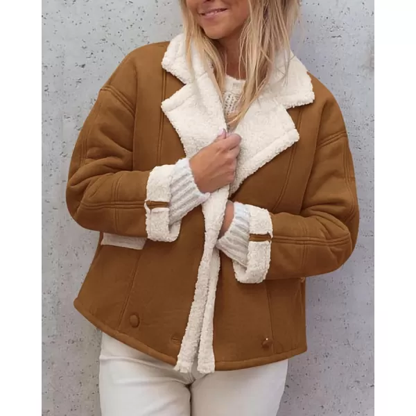 imagePRETTYGARDEN Womens 2023 Winter Suede Coats Fleece Sherpa Lined Jacket Faux Fur Lapel Pockets Warm Fall Fashion OuterwearBrown Yellow