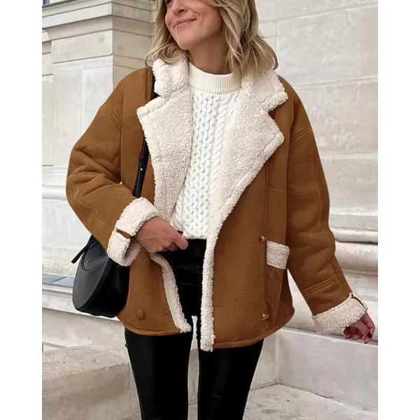 imagePRETTYGARDEN Womens 2023 Winter Suede Coats Fleece Sherpa Lined Jacket Faux Fur Lapel Pockets Warm Fall Fashion OuterwearBrown Yellow