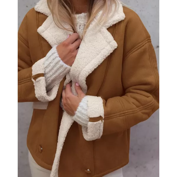 imagePRETTYGARDEN Womens 2023 Winter Suede Coats Fleece Sherpa Lined Jacket Faux Fur Lapel Pockets Warm Fall Fashion OuterwearBrown Yellow