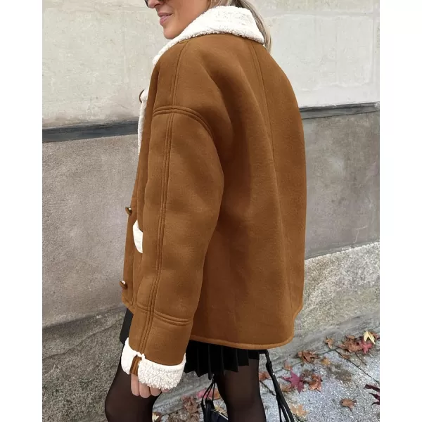 imagePRETTYGARDEN Womens 2023 Winter Suede Coats Fleece Sherpa Lined Jacket Faux Fur Lapel Pockets Warm Fall Fashion OuterwearBrown Yellow