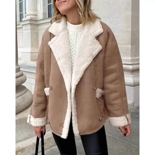 imagePRETTYGARDEN Womens 2023 Winter Suede Coats Fleece Sherpa Lined Jacket Faux Fur Lapel Pockets Warm Fall Fashion OuterwearCamel