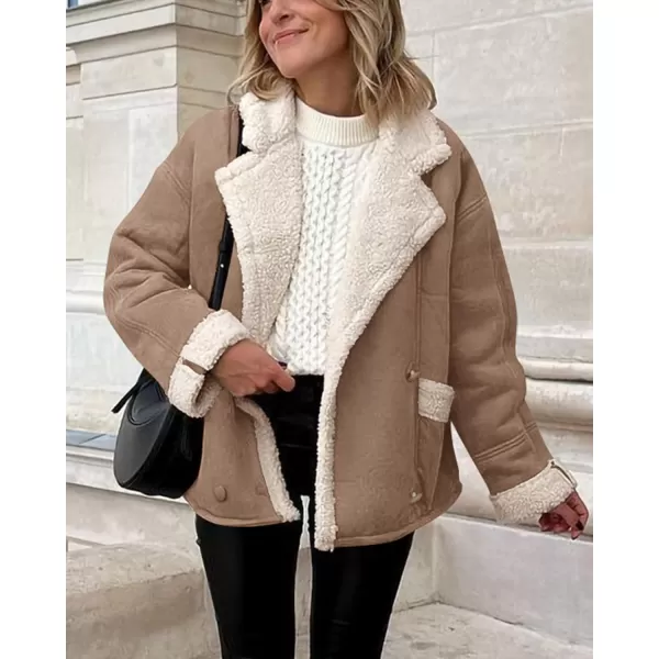 imagePRETTYGARDEN Womens 2023 Winter Suede Coats Fleece Sherpa Lined Jacket Faux Fur Lapel Pockets Warm Fall Fashion OuterwearCamel