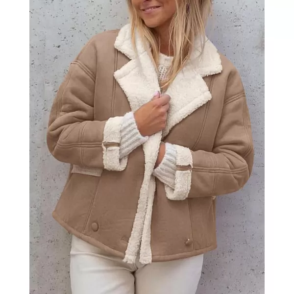 imagePRETTYGARDEN Womens 2023 Winter Suede Coats Fleece Sherpa Lined Jacket Faux Fur Lapel Pockets Warm Fall Fashion OuterwearCamel