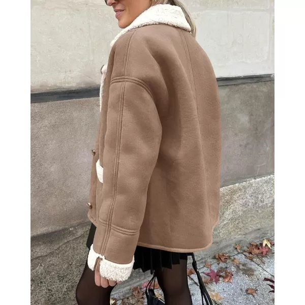 imagePRETTYGARDEN Womens 2023 Winter Suede Coats Fleece Sherpa Lined Jacket Faux Fur Lapel Pockets Warm Fall Fashion OuterwearCamel