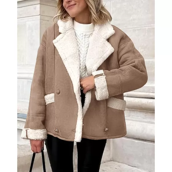 imagePRETTYGARDEN Womens 2023 Winter Suede Coats Fleece Sherpa Lined Jacket Faux Fur Lapel Pockets Warm Fall Fashion OuterwearCamel