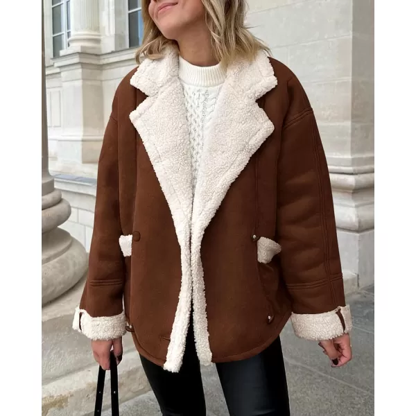 imagePRETTYGARDEN Womens 2023 Winter Suede Coats Fleece Sherpa Lined Jacket Faux Fur Lapel Pockets Warm Fall Fashion OuterwearDark Brown