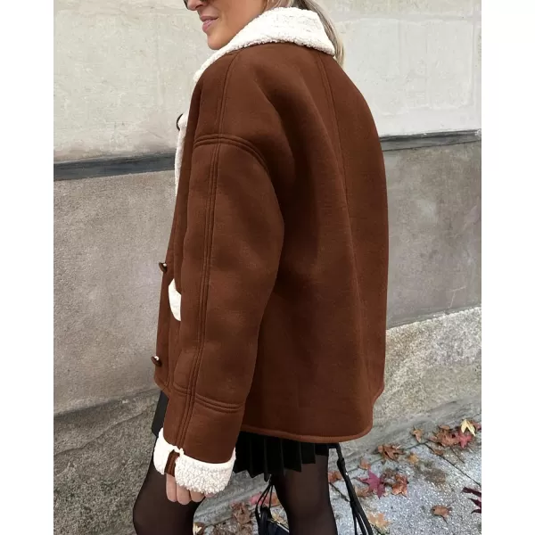 imagePRETTYGARDEN Womens 2023 Winter Suede Coats Fleece Sherpa Lined Jacket Faux Fur Lapel Pockets Warm Fall Fashion OuterwearDark Brown