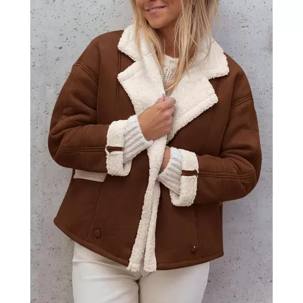 imagePRETTYGARDEN Womens 2023 Winter Suede Coats Fleece Sherpa Lined Jacket Faux Fur Lapel Pockets Warm Fall Fashion OuterwearDark Brown