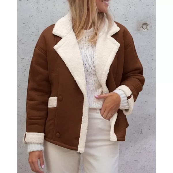 imagePRETTYGARDEN Womens 2023 Winter Suede Coats Fleece Sherpa Lined Jacket Faux Fur Lapel Pockets Warm Fall Fashion OuterwearDark Brown