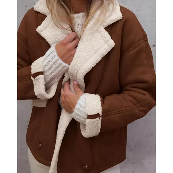 imagePRETTYGARDEN Womens 2023 Winter Suede Coats Fleece Sherpa Lined Jacket Faux Fur Lapel Pockets Warm Fall Fashion OuterwearDark Brown