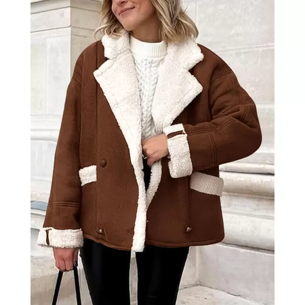 imagePRETTYGARDEN Womens 2023 Winter Suede Coats Fleece Sherpa Lined Jacket Faux Fur Lapel Pockets Warm Fall Fashion OuterwearDark Brown