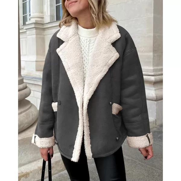 imagePRETTYGARDEN Womens 2023 Winter Suede Coats Fleece Sherpa Lined Jacket Faux Fur Lapel Pockets Warm Fall Fashion OuterwearGrey