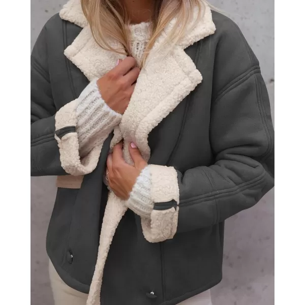 imagePRETTYGARDEN Womens 2023 Winter Suede Coats Fleece Sherpa Lined Jacket Faux Fur Lapel Pockets Warm Fall Fashion OuterwearGrey