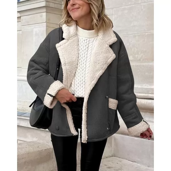 imagePRETTYGARDEN Womens 2023 Winter Suede Coats Fleece Sherpa Lined Jacket Faux Fur Lapel Pockets Warm Fall Fashion OuterwearGrey