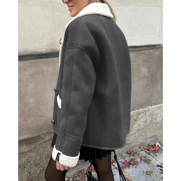 imagePRETTYGARDEN Womens 2023 Winter Suede Coats Fleece Sherpa Lined Jacket Faux Fur Lapel Pockets Warm Fall Fashion OuterwearGrey