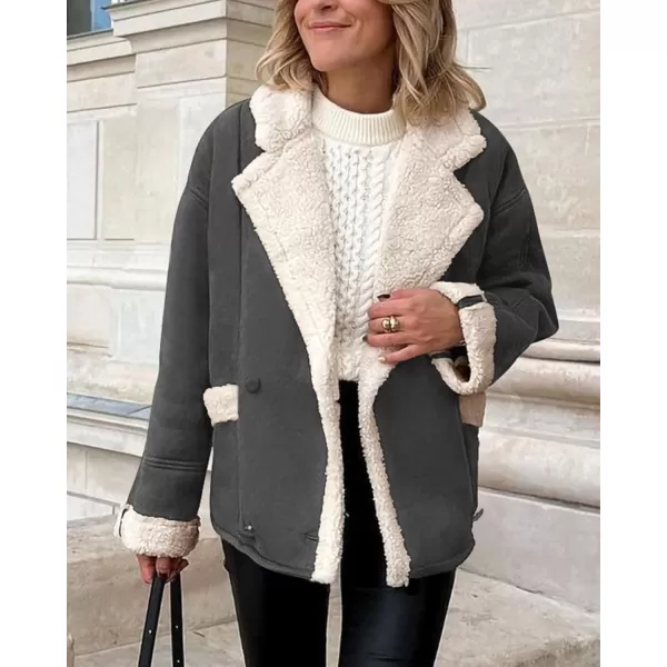 imagePRETTYGARDEN Womens 2023 Winter Suede Coats Fleece Sherpa Lined Jacket Faux Fur Lapel Pockets Warm Fall Fashion OuterwearGrey
