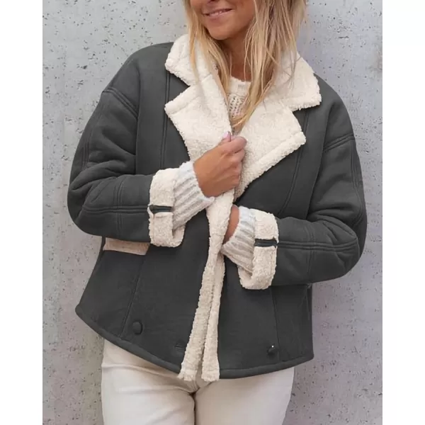 imagePRETTYGARDEN Womens 2023 Winter Suede Coats Fleece Sherpa Lined Jacket Faux Fur Lapel Pockets Warm Fall Fashion OuterwearGrey