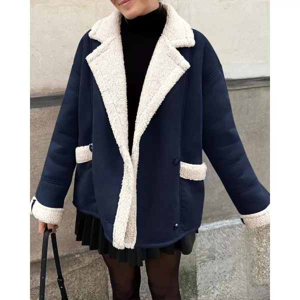 imagePRETTYGARDEN Womens 2023 Winter Suede Coats Fleece Sherpa Lined Jacket Faux Fur Lapel Pockets Warm Fall Fashion OuterwearNavy