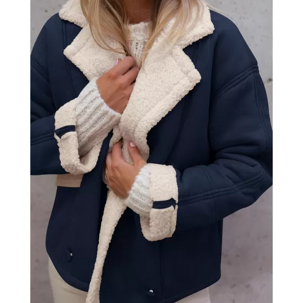 imagePRETTYGARDEN Womens 2023 Winter Suede Coats Fleece Sherpa Lined Jacket Faux Fur Lapel Pockets Warm Fall Fashion OuterwearNavy